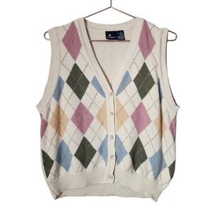 LIZ SPORT VTG 90s Argyle Sweater Vest‎ Pastel Preppy Coquette Knit Size M